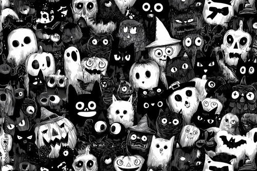 Black and white Halloween pattern with ghosts, skulls, black cats, pumpkins, witches, creepy faces and monsters 