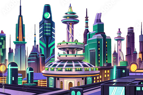 Futuristic sci-fi metropolis glowing with green and blue neon lights at night, showcasing towering advanced superstructures, cyberpunk vibes, and high-tech urban architecture.
