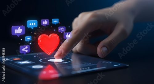 A Touch of Connection: Glowing Red Heart and Social Media Icons Rise from a Digital Screen.