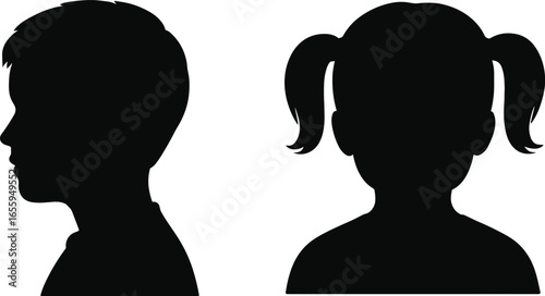 head silhouettes, male and female, black profile, white background, ponytail hairstyle, short hair, gender contrast, minimal design, vector art, identity concept