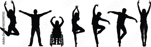 Inclusive dance silhouette, diverse dancers, wheelchair performer, artistic movement, unity in diversity, expressive poses, celebration, creativity, performance, accessibility