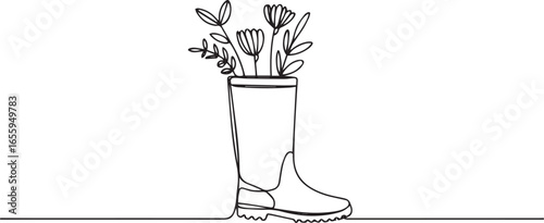 Continuous single line drawing of a rain boot filled with blooming flowers and leaves, minimalist one line art illustration