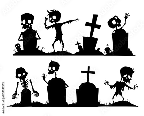 Spooky Halloween Silhouettes of Zombies and Gravestones