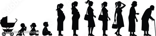 Life stages of a woman, silhouette illustration, growth and development, aging process, female evolution, timeline progression, human lifecycle, age chart