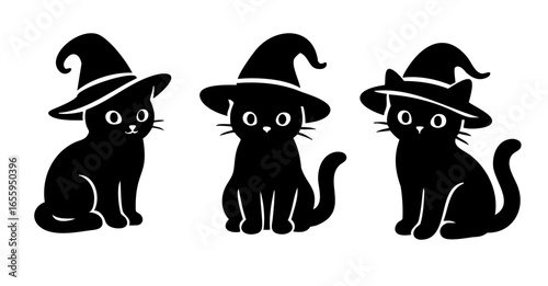 Trio of Halloween-themed black cats in witch hats