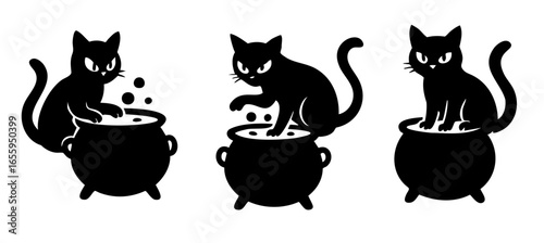 Silhouette of mischievous cats with cauldrons