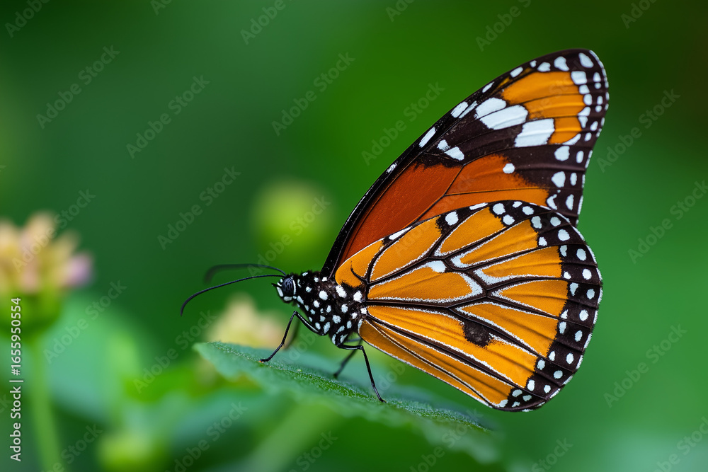 Fototapeta premium Close up of a monarch butterfly perched on a leaf with vibrant orange wings and intricate black patterns
