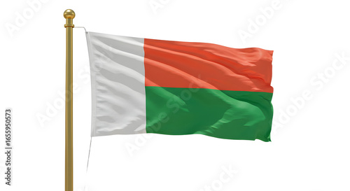 Flag of Madagascar waving on a flagpole isolated on white background, national symbol perfect for travel and cultural projects
