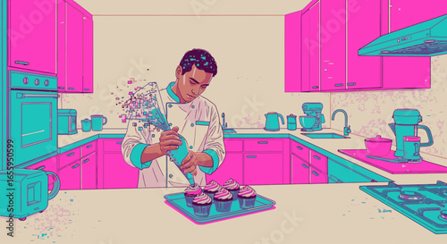 A male pastry chef in a vibrant pink and cyan kitchen meticulously decorates a tray of cupcakes.