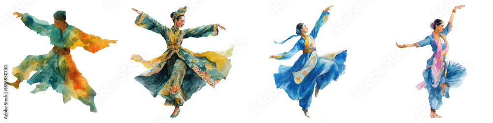 Fototapeta premium Happy diwali clipart watercolor, A vibrant display of dancers in colorful attire performing graceful movements, showcasing traditional dance.