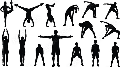 Silhouette exercise poses, fitness routine, workout stretches, yoga positions, physical training, healthy lifestyle, gym exercises, body movements, flexibility, strength training
