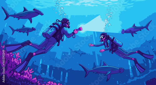 Two scuba divers explore underwater ruins while surrounded by a school of hammerhead sharks.