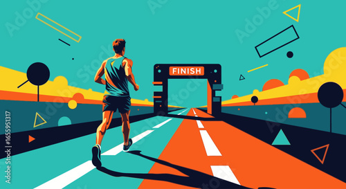 A male runner sprints towards the finish line on a vibrant, stylized road during a race.