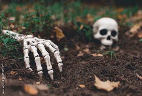 Grave Scene with Skeleton Hand and Skull in the Ground