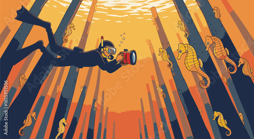 An illustrated scuba diver with a camera photographs a large school of seahorses in a surreal, sunlit underwater forest.