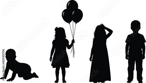Silhouette of children, crawling baby, girl with balloons, girl in dress, standing boy, growth stages, childhood development, family, playtime