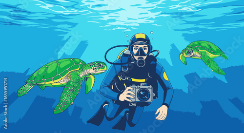 An illustrated scuba diver with a camera swims underwater alongside two green sea turtles.