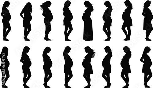 Pregnant women silhouettes, side profile poses, maternity stages, vector illustration, black shapes, motherhood icon, clipart, female design set