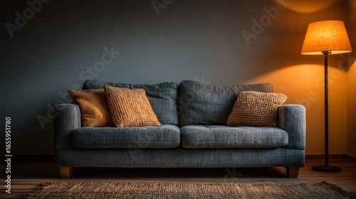 A cozy modern living room with a two-seater sofa in soft blue or grey, knitted tan pillows, woven rug, wooden flooring,