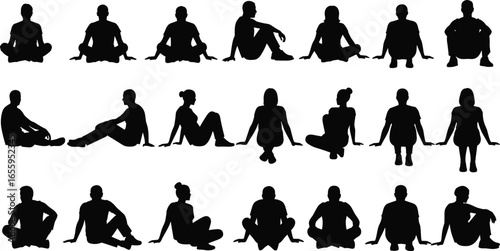 Sitting silhouettes, seated posture, human positions, ergonomic reference, vector illustration, cross-legged pose, bent knees, relaxed sitting, body language, pose study