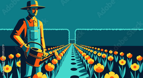 A stylized farmer with a watering can tends to long, symmetrical rows of blooming yellow tulips.
