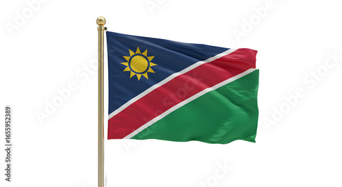 Namibia flag waving on pole isolated on white background, Namibian national symbol perfect for geography and cultural projects