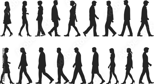 Walking silhouettes, human motion, male and female figures, posture study, vector illustration, side view, walking pose, movement reference, active stance, profile walk