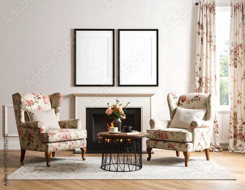 Cottage style living room with floral armchairs fireplace blank framed art and patterned curtains