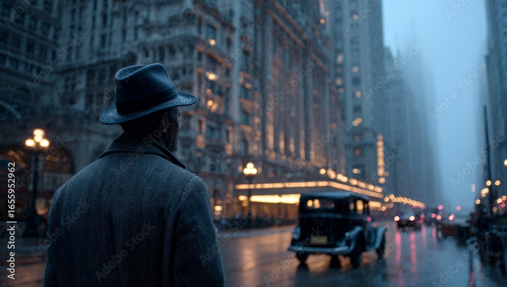 Man Wearing Hat Walking in Rainy City Street at Night with Tall Buildings and Bright Lights
