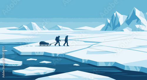 Two explorers trek across a vast, frozen arctic ice floe, pulling a sled through the icy wilderness.