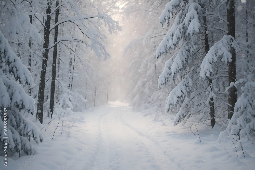 Obraz premium A snow-covered path winding through a dense forest, trees laden with snow, creating a serene winter landscape and the path illuminated by sunlight.