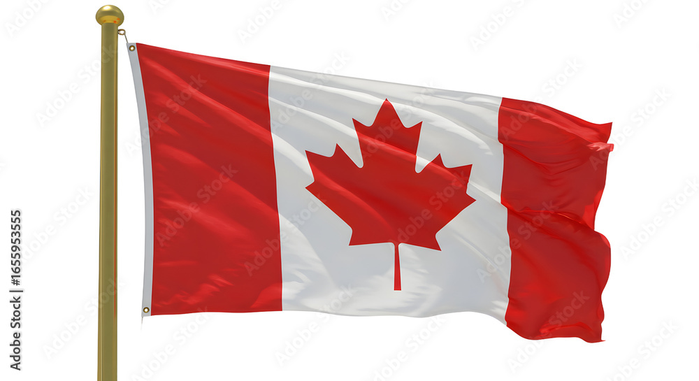 Waving Canadian flag on flagpole isolated on white background, symbol of Canada and patriotism Waving Canadian flag on flagpole isolated on white background, symbol of Canada and patriotism