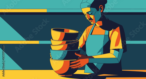 A stylized illustration of a person in an apron carefully stacking a pile of colorful bowls.