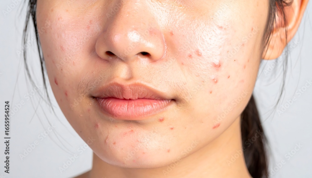 Fototapeta premium Close-up of a Young Person's Face Showing Acne and Skin Imperfections