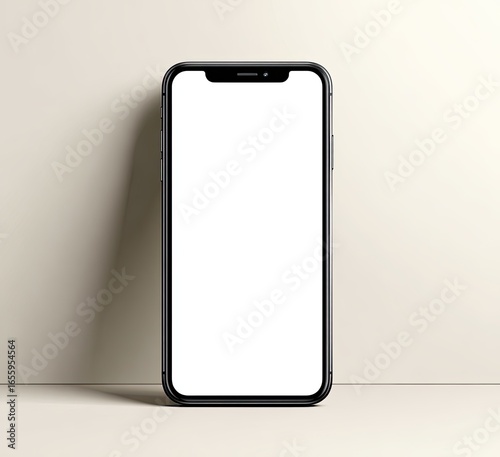 Dark gray smartphone with blank screen, on light beige surface