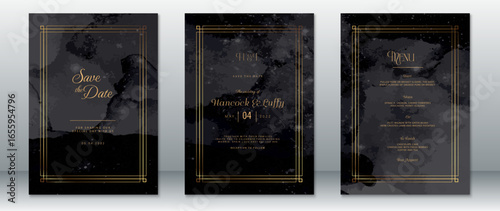 Modern wedding invitation set with gold frame accents on a dark watercolor background. Includes save the date, invitation, and menu card with classic fonts and luxurious design.