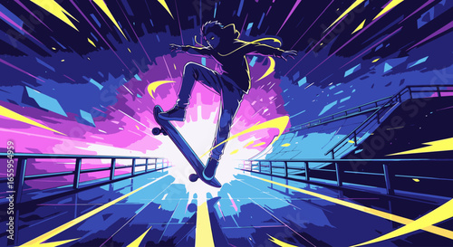 A silhouetted skateboarder performs a dynamic mid-air trick against a vibrant, abstract, and energetic background.