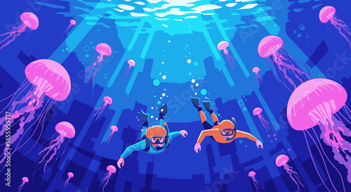 Two scuba divers swim through a surreal submerged city surrounded by a swarm of glowing pink jellyfish.