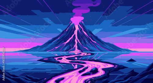 A vibrant digital illustration of a volcano erupting with glowing purple and pink lava flowing into the sea under a dramatic sky.