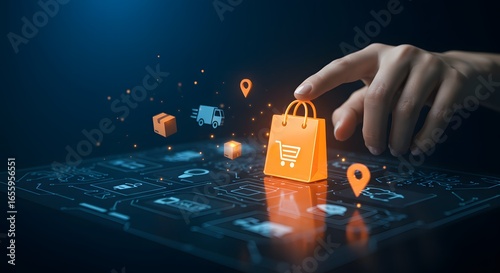 Futuristic E-Commerce: Hand Touching Glowing Shopping Icon on Digital Logistics Map.