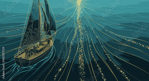 A vintage sailboat with a crew follows countless glowing trails of light across a dark, mystical ocean towards a distant sun.