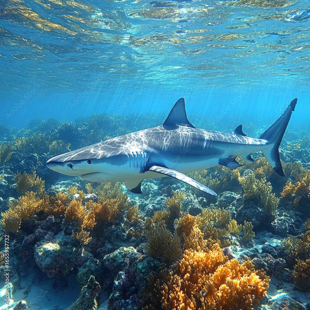 Naklejka premium A shark swims over a coral reef.