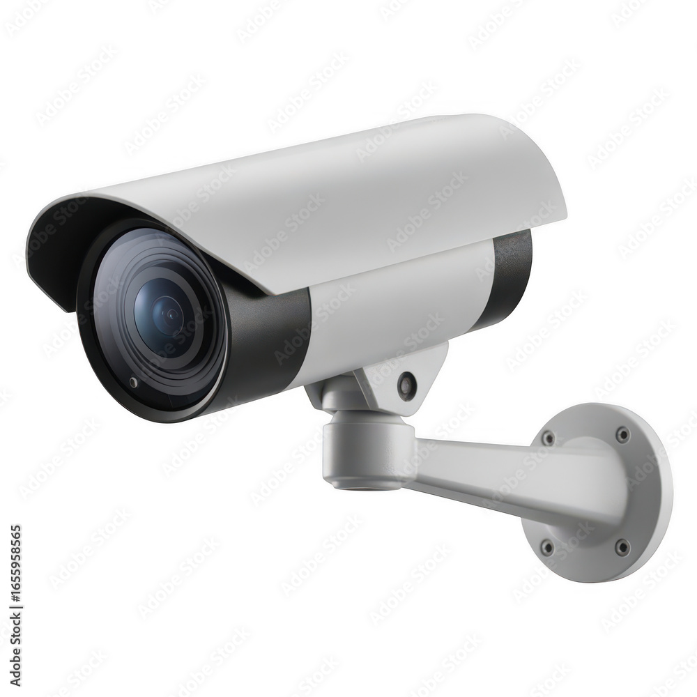 Modern white security camera mounted on a bracket isolated on transparent background Modern white security camera mounted on a bracket isolated on transparent background