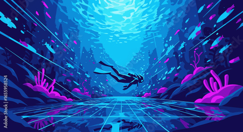 A scuba diver explores a surreal, glowing underwater world with neon coral and a digital seafloor.