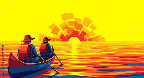 Two people in a canoe paddle on calm, reflective water towards a vibrant, abstract sunset.