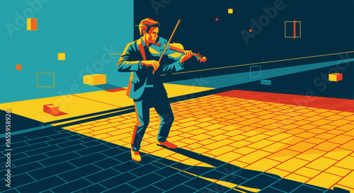 Vibrant graphic illustration of a male violinist performing in a surreal, abstract geometric landscape.