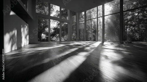 A minimalist interior space with large windows and black white shading creates dramatic contrast.