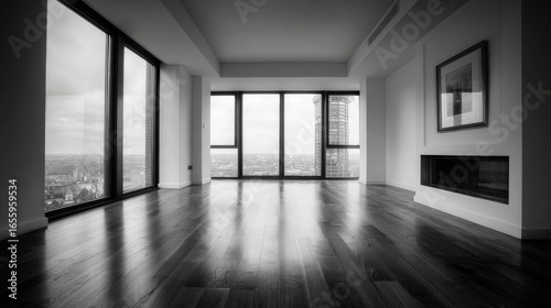 A minimalist empty room with high ceilings and large floor to ceiling windows  offering a cityscape view 