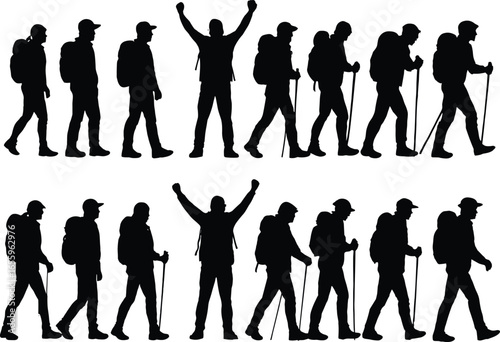 Silhouettes of hikers walking, backpacks and poles, outdoor adventure, raised arms pose, mountain trekking, nature activity, hiking gear, movement