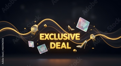 Golden Exclusive Deal: Floating Luxury Watches and Heels Amidst Iridescent Shopping Icons.